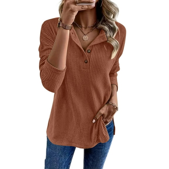 Fashion Women’s Ribbed Knit Pullover, Long Sleeve Casual Henley Shirt, Solid Color Button Front Top, Comfortable Loose Fit Sweater for Fall Winter Red