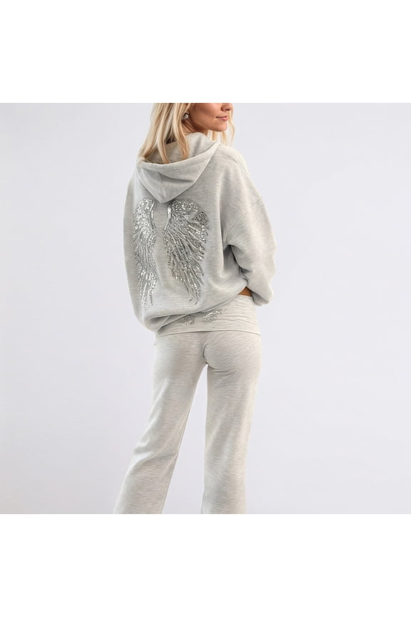 Fashion Women's Sequin Angel Wings Hoodie Sweatsuits 2 Piece Outfit 2025 Trendy Baggy Sweatpants Long Sleeve Loungewear Hoodiesd Outfit - Gray - L