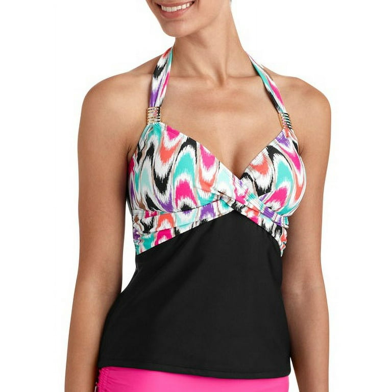 Fashion Women's Shirred Halter Tankini Top with Faux Metal Details
