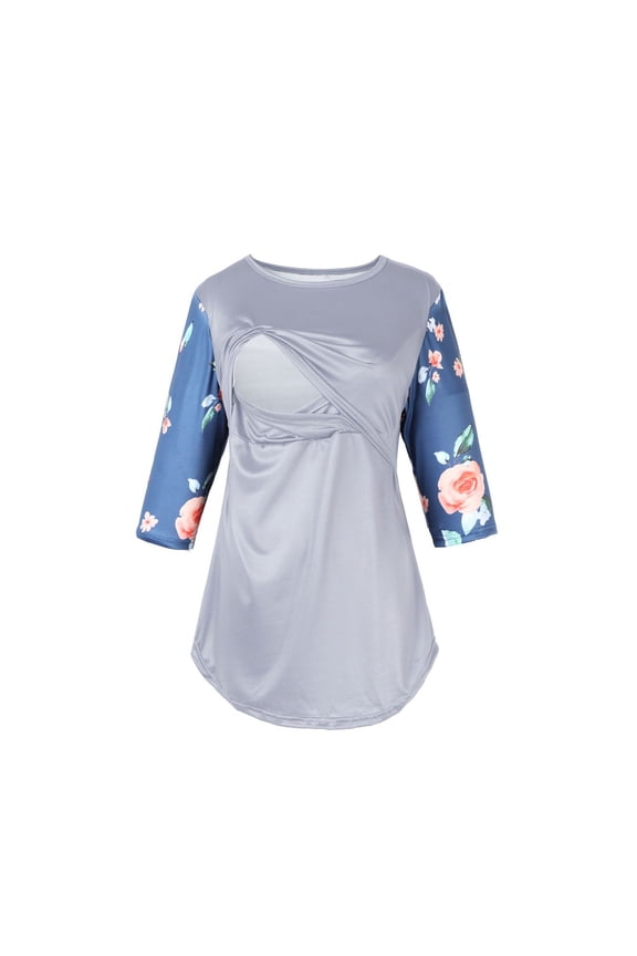 Nursing TShirt Color Block Maternity Short Sleeve Top for Breastfeeding Pregnancy Shirt with Pocket Gray XXL