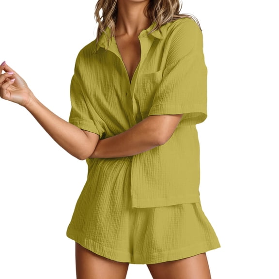 Fashion Women's Shorts Suit Casual Short Sleeve Button Down Shirt And Shorts Set For Everyday Wear Comfortable And Versatile Outfit For Spring And Summer