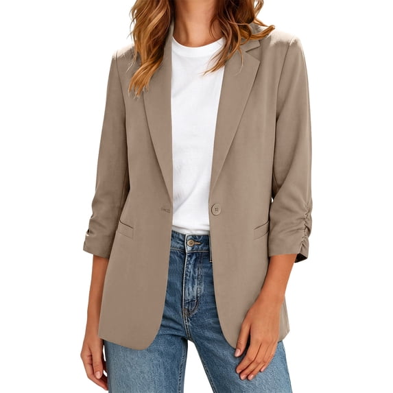 Fashion Women's Slim Fit Blazer Jacket, Open Front Lapel Collar 3/4 Sleeve Solid Color Flattering Casual Blazer with Pockets Beige