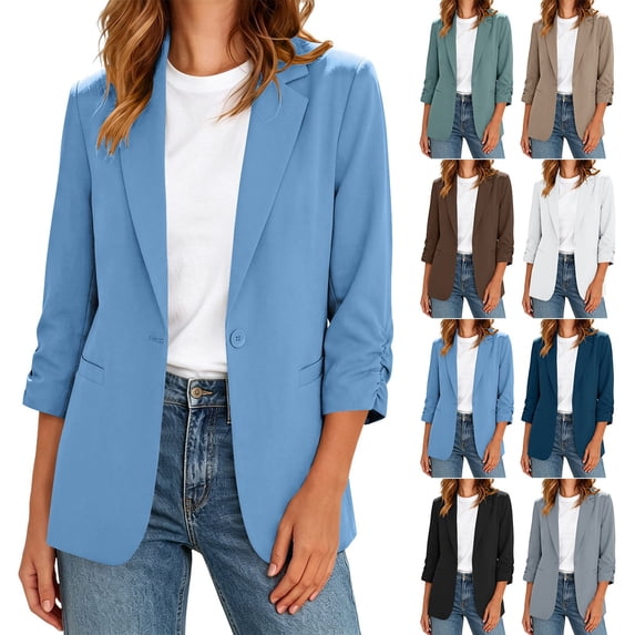 Fashion Women's Slim Fit Blazer Jacket, Open Front Lapel Collar 3/4 Sleeve Solid Color Flattering Casual Blazer with Pockets White