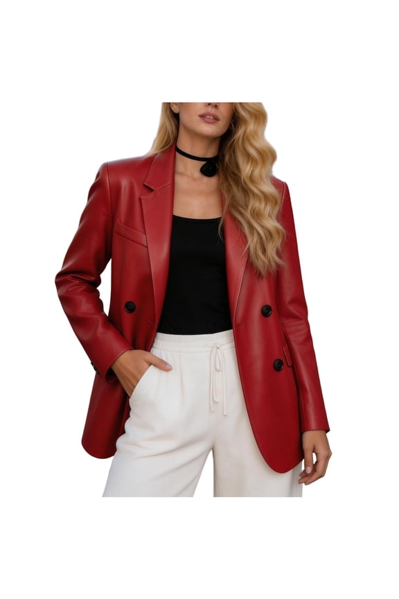 Fashion Women's Solid Color Long Sleeves Commute Leather Suit Jacket