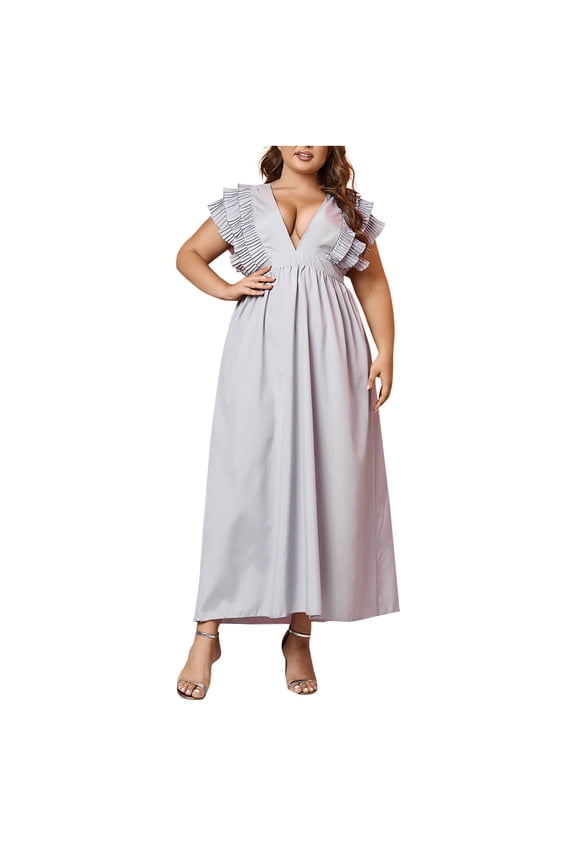 Fashion Women's Solid Color Long V-neck Multilayer Stringy Selvedge Waist Long Dress