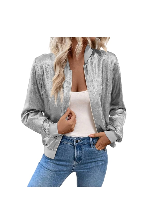 Fashion Women's Solid Color Splicing Thin Long Sleeve Front Zipper Ribbed Sequin Jacket Casual Outwear