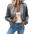 thumbnail image 1 of Fashion Women's Solid Color Splicing Thin Long Sleeve Front Zipper Ribbed Sequin Jacket Casual Outwear, 1 of 7