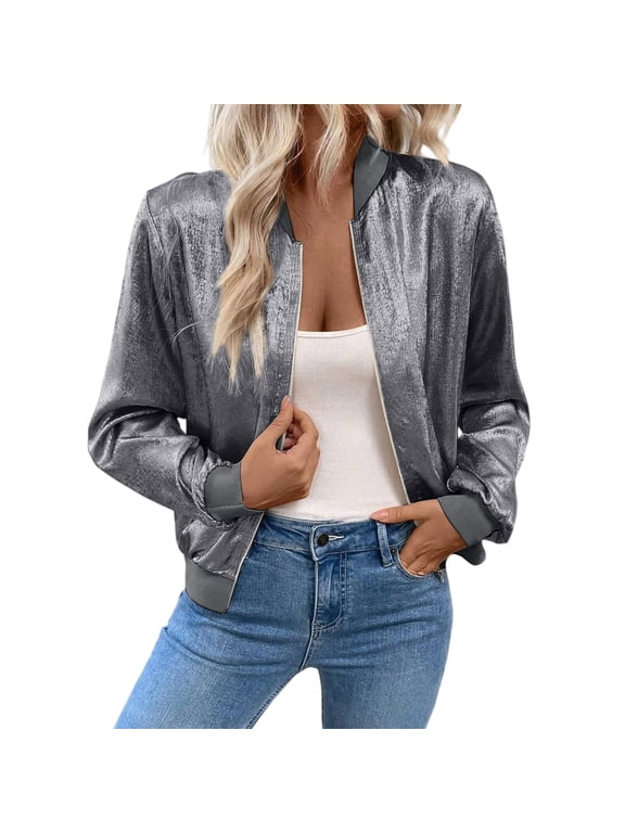 Fashion Women's Solid Color Splicing Thin Long Sleeve Front Zipper Ribbed Sequin Jacket Casual Outwear