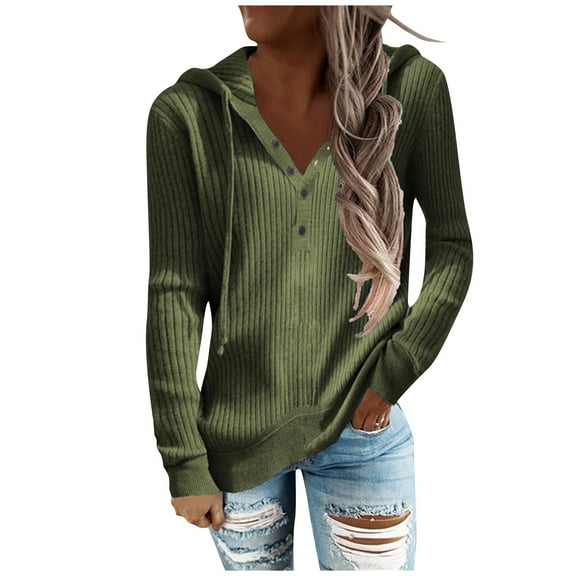 Fashion Women’s Solid Knit Hoodie, Ribbed Button Pullover Long Sleeve Casual Sweater, Comfortable Loose Fit Lightweight Top for Spring and Fall Army Green