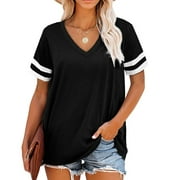 Fashion Women's Splicing V-neck Short-sleeved Loose Striped Solid Color Tops