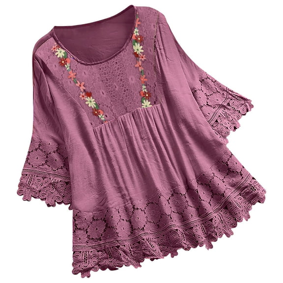 Fashion Women's Summer Casual Round Neck Lace Short Sleeve T-Shirt Blouse, Stylish and Comfortable, Perfect for Warm Weather, Versatile for Everyday Outfits, Ideal for Spring and Summer Fashion