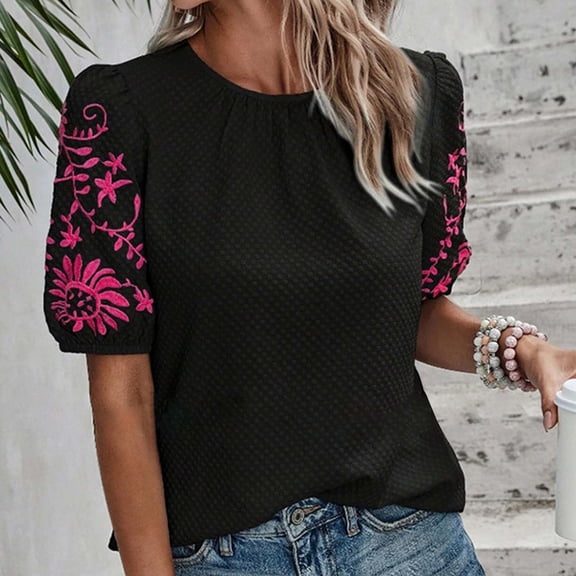 Fashion Women's Summer Casual Round Neck Short Sleeve Solid Color Pullover Blouse
