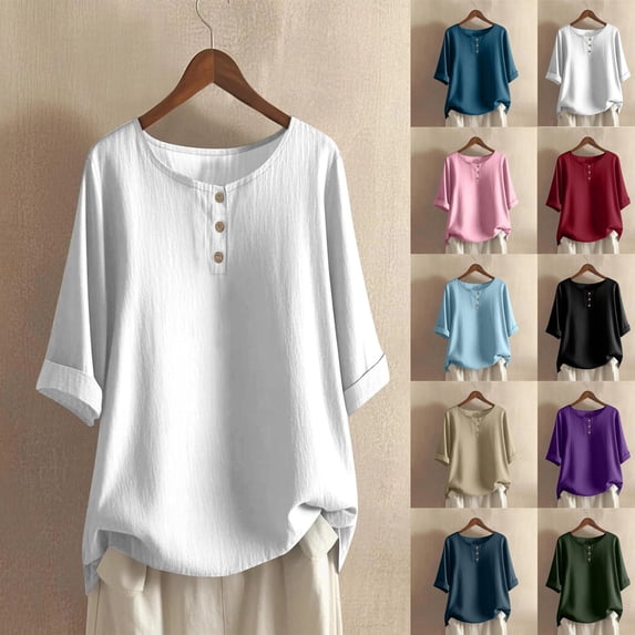 Fashion Women's Summer Round-Neck Casual Short Sleeve Button T-Shirt Top Loose Elasticity Solid Color