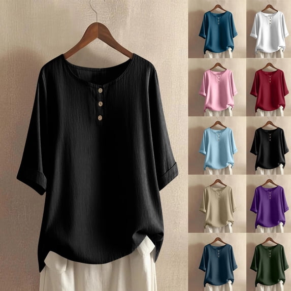 Fashion Women's Summer Round-Neck Casual Short Sleeve Button T-Shirt Top Loose Elasticity Solid Color