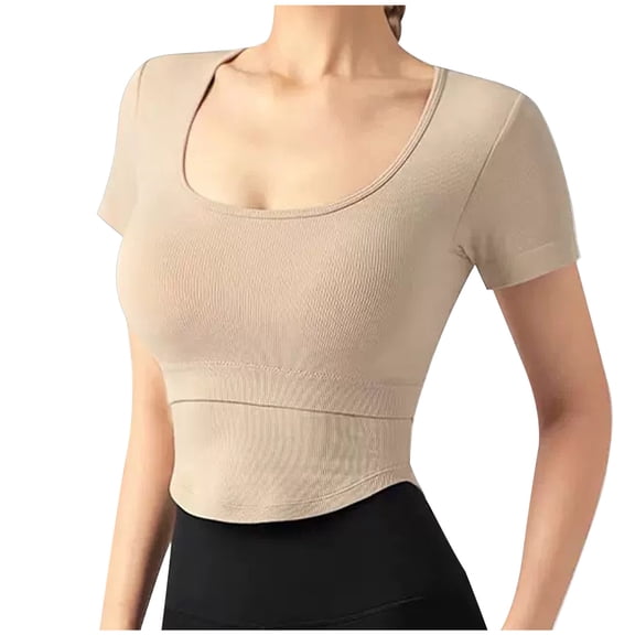 Fashion Women's Summer Round Neck Short Sleeve Yoga Blouse - Integrated Tight-Fitting T-shirt with Chest Pad, Slimming Fitness Clothing for Workout, Casual and Active Wear