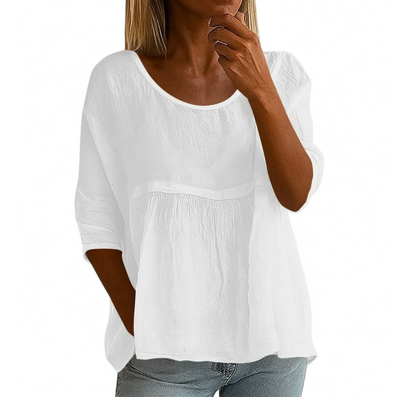 Fashion Women's Summer Solid Color Three-Quarters Sleeve Top Casual Wrinkles Layers Design Round Neck Loose Plus Size Tunic Shirt