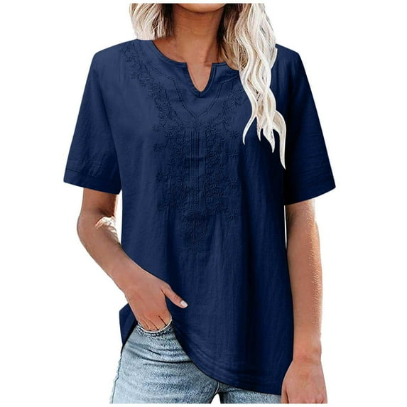 Fashion Women's Summer V-Neck Short Sleeve Linen Solid Casual T-shirt Blouse