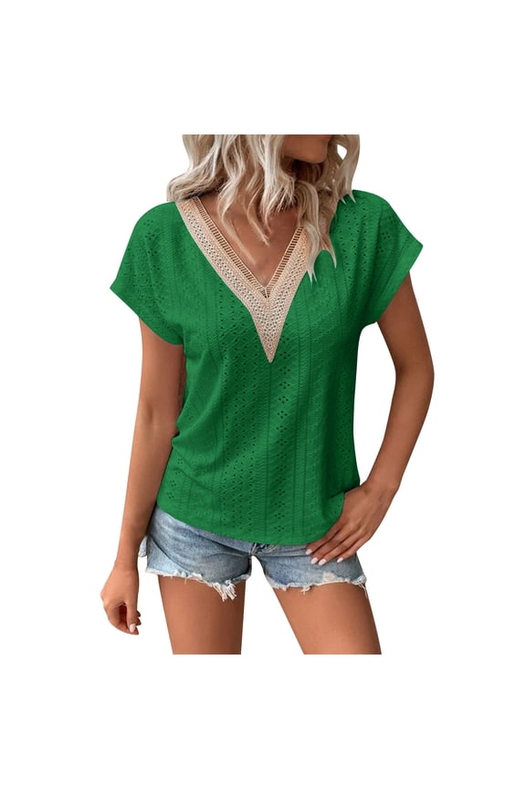 Fashion Women's Summer V-neck Solid Short Sleeve Lace Casual Top Blouse, Lightweight and Breathable for Warm Weather, Comfortable and Stylish for Everyday Wear, Available in Multiple Sizes and Colors
