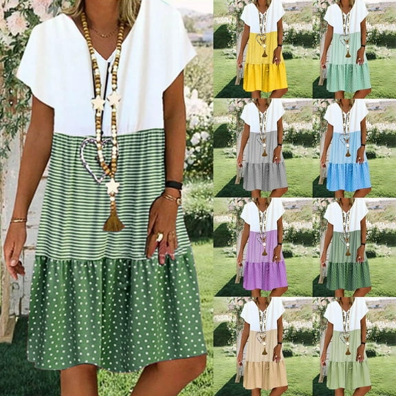 Fashion Women's Trendy Casual Solid Fork Opening Shirt Dress Plus Size Vacation Loose Dress Summer Fashion Olyvenn Fashion Womens Short Sleeve V-Neck Beach Dress Army Green 4