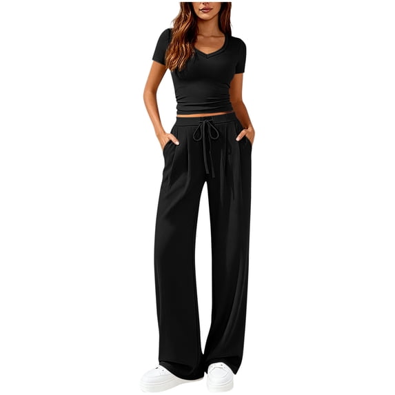 Fashion Women's Two Piece Matching Lounge Set Short Sleeve Solid Color Side Ruching V Neck Top Wide Leg Drawstring Pants Set with Pockets