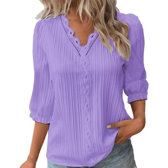 Fashion Women's V-Neck 3/4 Sleeve Casual T-shirt Solid Blouse
