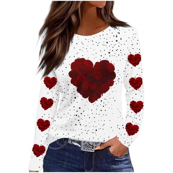 Fashion Women's Valentines Shirts Casual Long Sleeve T-Shirts Love Heart Printing Shirt Pullover Round Neck Loose Blouse Top