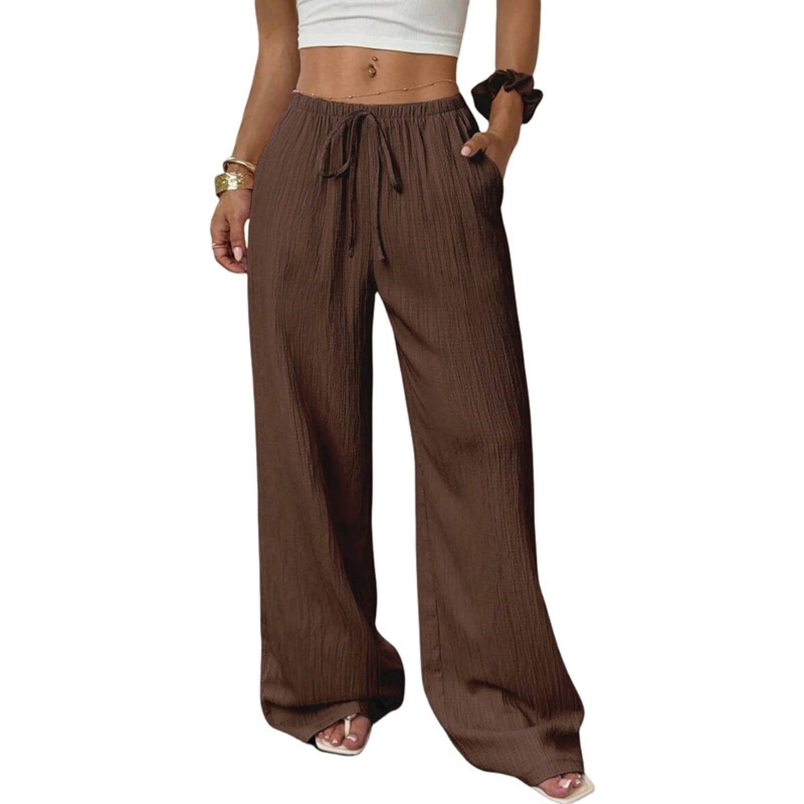 Fashion Women #39 s Versatile Drawstring Casual Solid Color Pleated Wide Fashion Women #39 s Versatile Drawstring Casual Solid Color Pleated Wide
