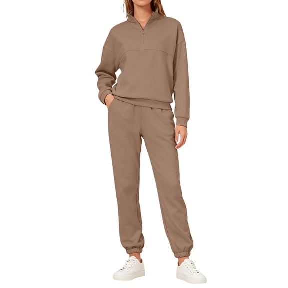 Fashion Women's Zipper Lapel Solid Color Casual Two-piece Set, Modern and Versatile for Casual and Semi-Formal Occasions,Camel,L