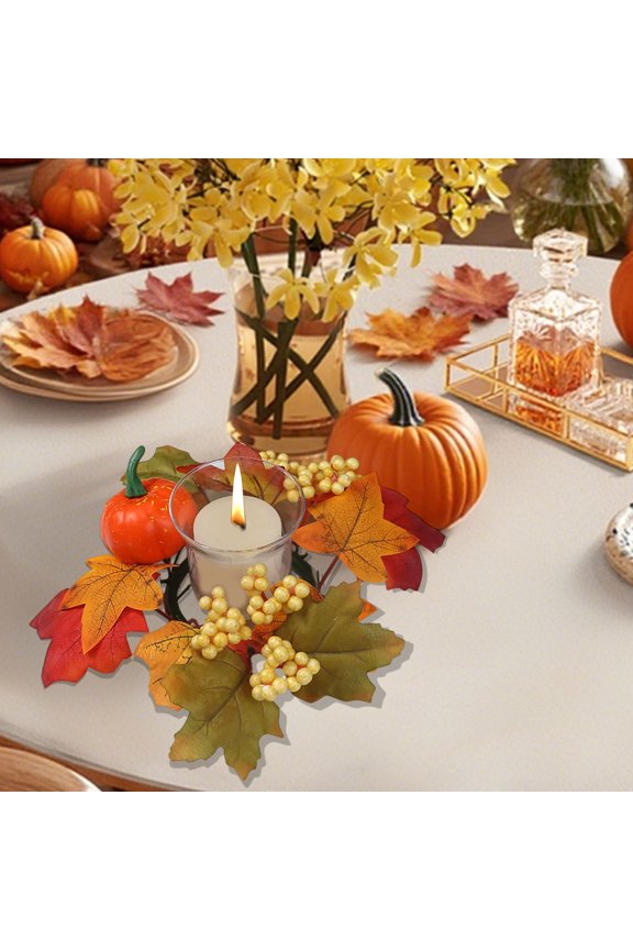 1pcs Thanksgiving Bathroom Decor Faux Maple Leaf Wreath Thanksgiving Harvests Festival Autumns Color Pumpkin Berry Table Decoration Candlestick Wreaths Gifts