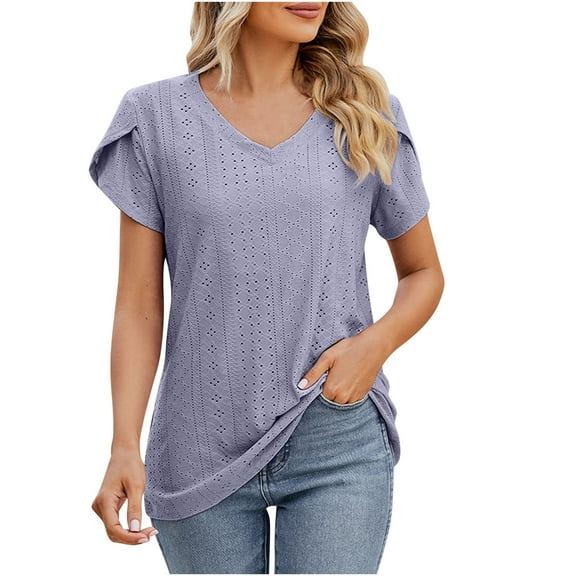 Fashion Womens Casual Solid Color V Neck Short Sleeve Tops Loose Blouses