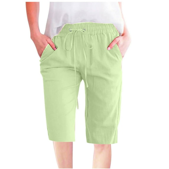 Fashion Womens Casual Solid Color Waist Elastic Loose Straight Wide Leg Half Shorts Pants With Pocket Women's 5" Inseam Drawstring Linen Blend Short (Available in Plus Size)