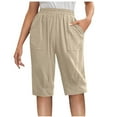 thumbnail image 1 of Fashion Womens Casual Solid Color Waist Elastic Loose Straight Wide Leg Half Shorts Pants With Pocket With 5" Inseam Drawstring Linen Blend Short, 1 of 5