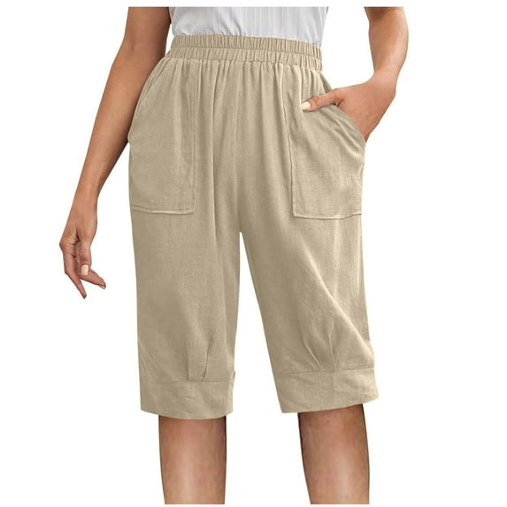 Fashion Womens Casual Solid Color Waist Elastic Loose Straight Wide Leg Half Shorts Pants With Pocket With 5" Inseam Drawstring Linen Blend Short