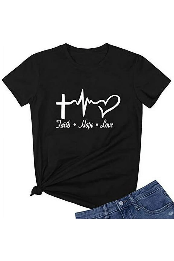 Fashion Womens Cross Faith Love Graphic Cute Funny T Shirt Round Neck Tees Gift Ideas Black Tshirt