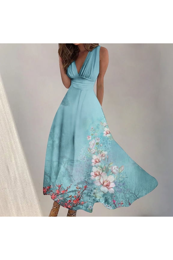 Fashion Womens Dresses Spring, Summer And Casual V-neck Sleeveless Printed Dress Sundresses for Women Trendy Casual Sundresses for Women