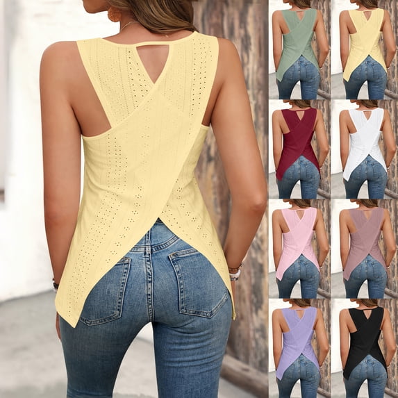 Fashion Womens Eyelet Crew Neck Sleeveless Tops Breathable Back Split Tunic Casual Blouse for Summer Vacation Yellow L