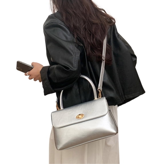Fashion Womens Handbag with Top Handle Turn Lock Closure Versatile Simple Solid Color Flap Crossbody Shoulder Bag Purse