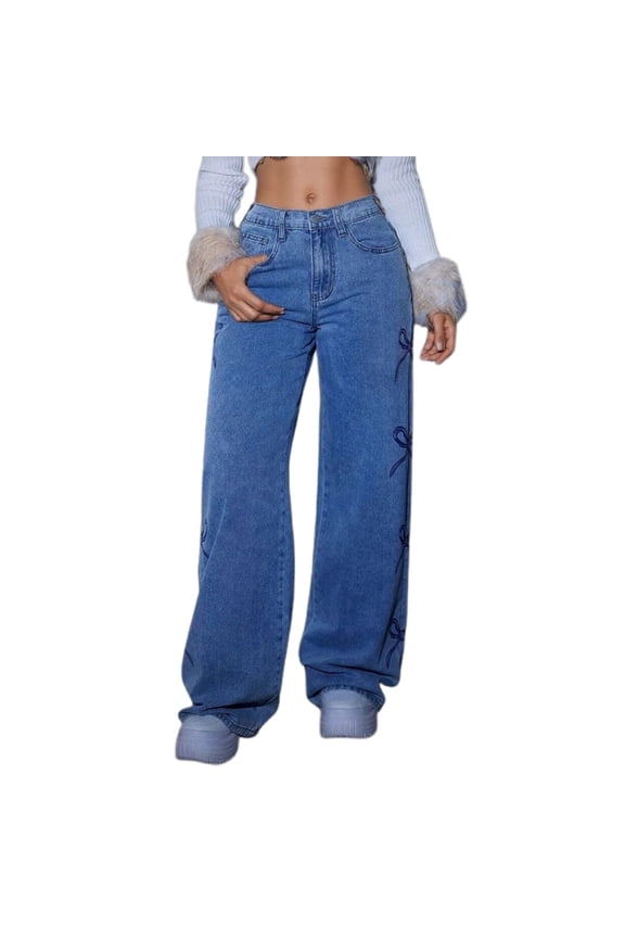 Fashion Womens Jeans Butterfly Print Loose Fit Straight Leg Casual Long Trousers High Waisted Baggy Denim Pants Trendy Graphic Jeans Women