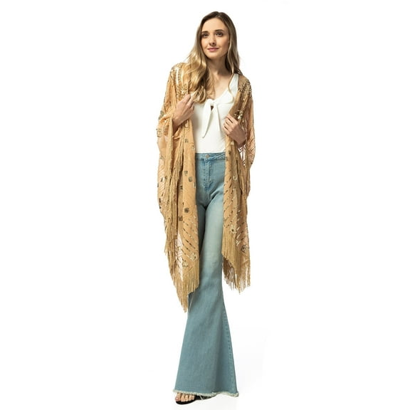 Fashion Womens Oversized Hand Beaded and Sequin Evening Shawl Wrap with Fringe