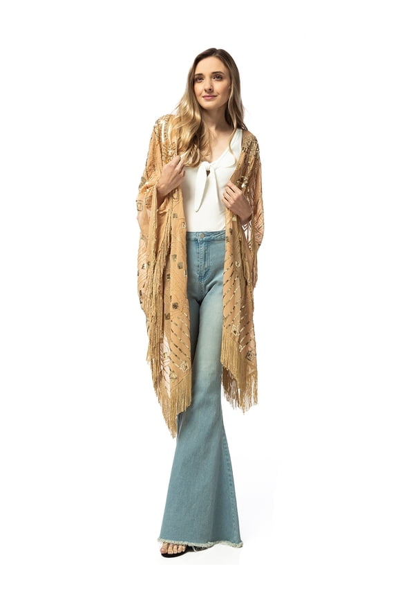 Fashion Womens Oversized Hand Beaded and Sequin Evening Shawl Wrap with Fringe