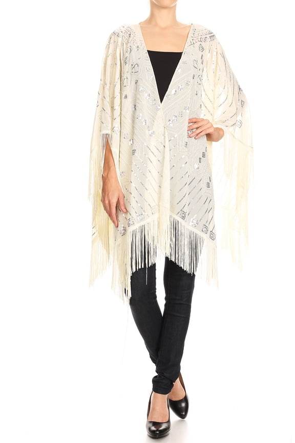 Fashion Womens Oversized Hand Beaded and Sequin Evening Shawl Wrap with Fringe