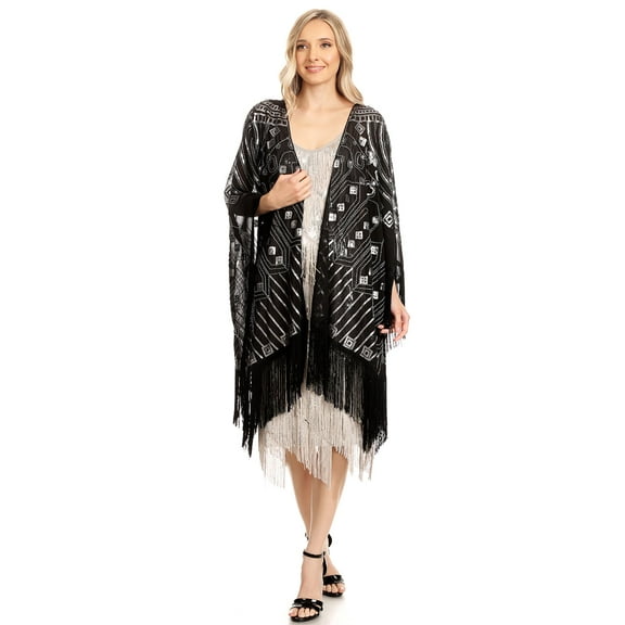 Fashion Womens Oversized Hand Beaded and Sequin Evening Shawl Wrap with Fringe