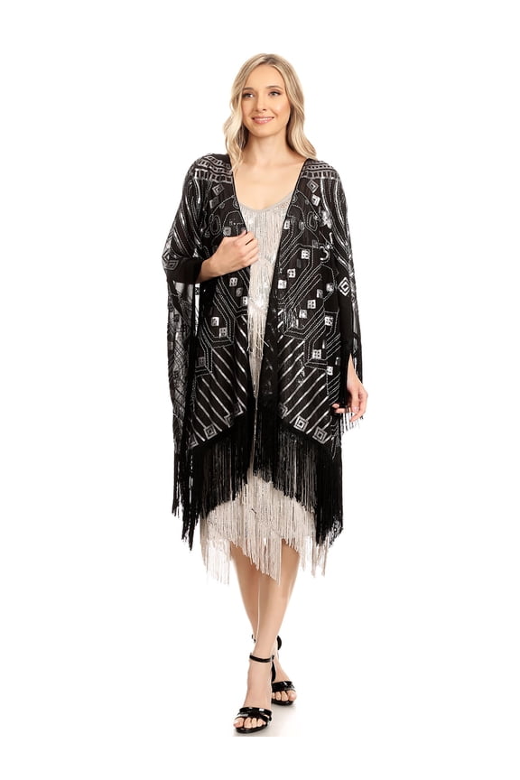 Fashion Womens Oversized Hand Beaded and Sequin Evening Shawl Wrap with Fringe