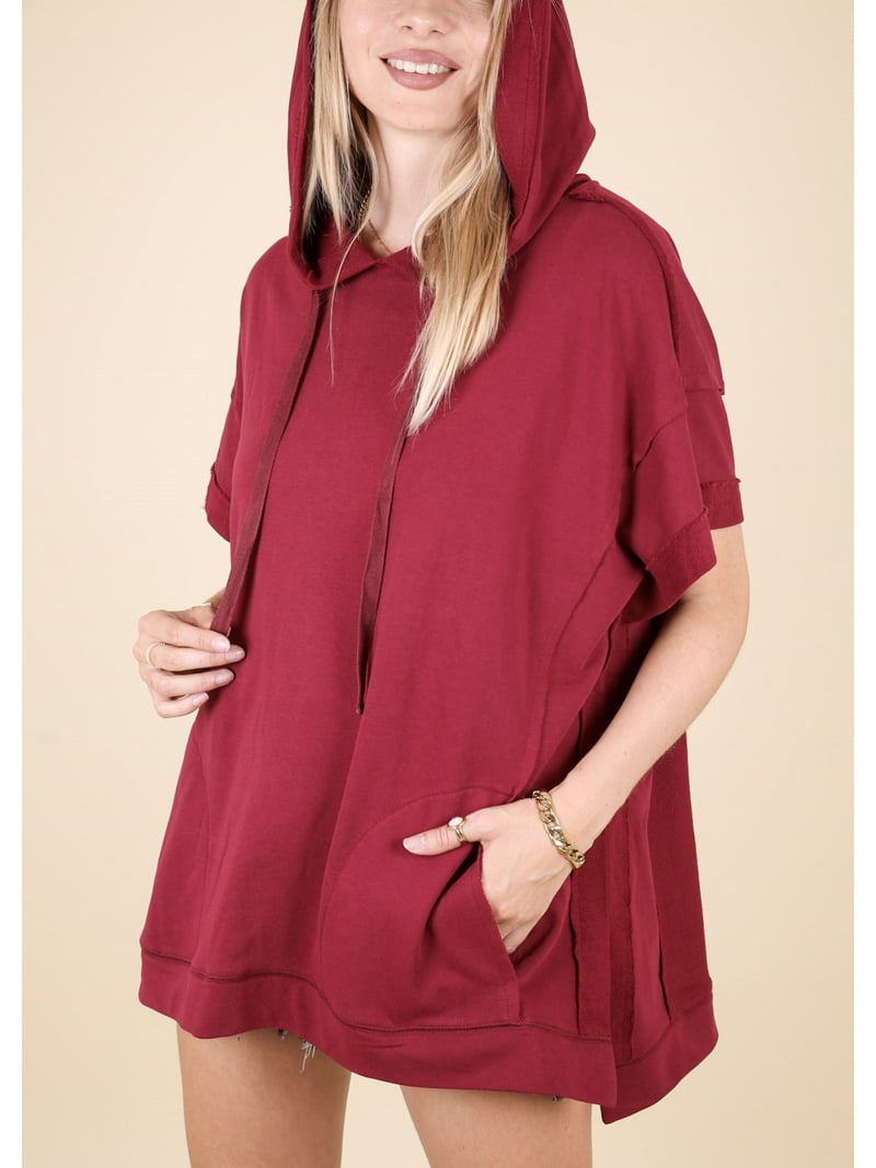 Fashion Womens Oversized Short Sleeve Hoodie Side Slits