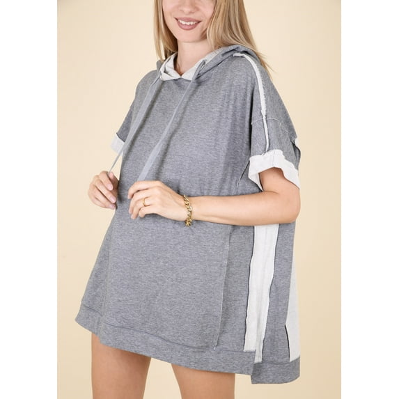 Fashion Womens Oversized Short Sleeve Hoodie Side Slits Pullover Sweater Top