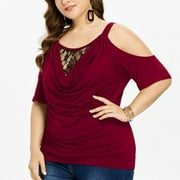 Fashion Womens Plus Size Lace Solid Cold Shoulder Cowl Neck T-shirt Tops Blouse Wyongtao Deals Cozy
