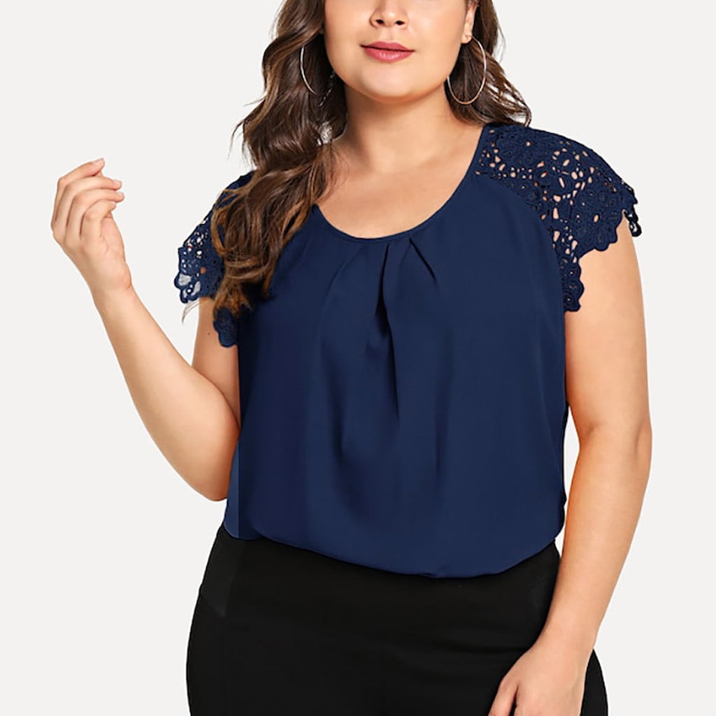 Fashion Womens Plus Size Solid O-Neck Floral Lace Shoulder T-shirt