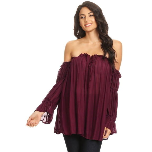 Fashion Womens Semi Sheer Boho Peasant Long Sleeve Off The Shoulder Top