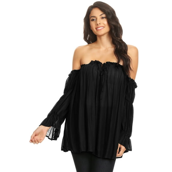Fashion Womens Semi Sheer Boho Peasant Long Sleeve Off The Shoulder Top