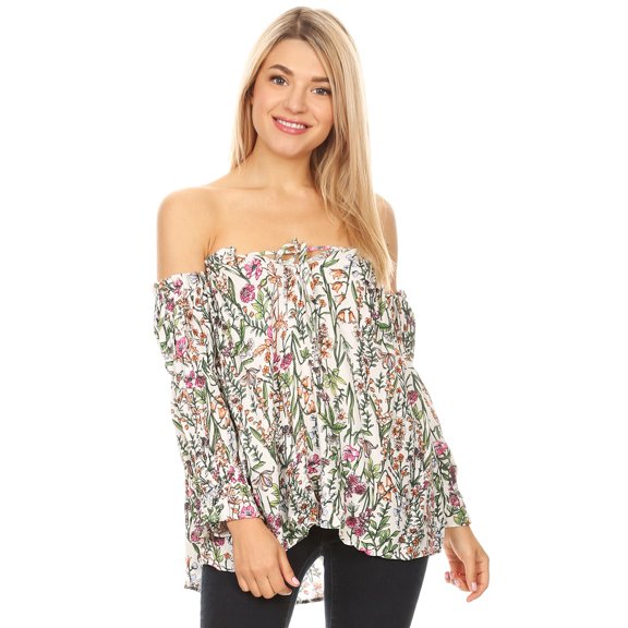Fashion Womens Semi Sheer Boho Peasant Long Sleeve Off The Shoulder Top